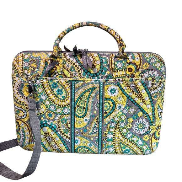 Vera Bradley Green Yellow Teal Gray Brown Paisley Labtop Bag - Picture 1 of 17